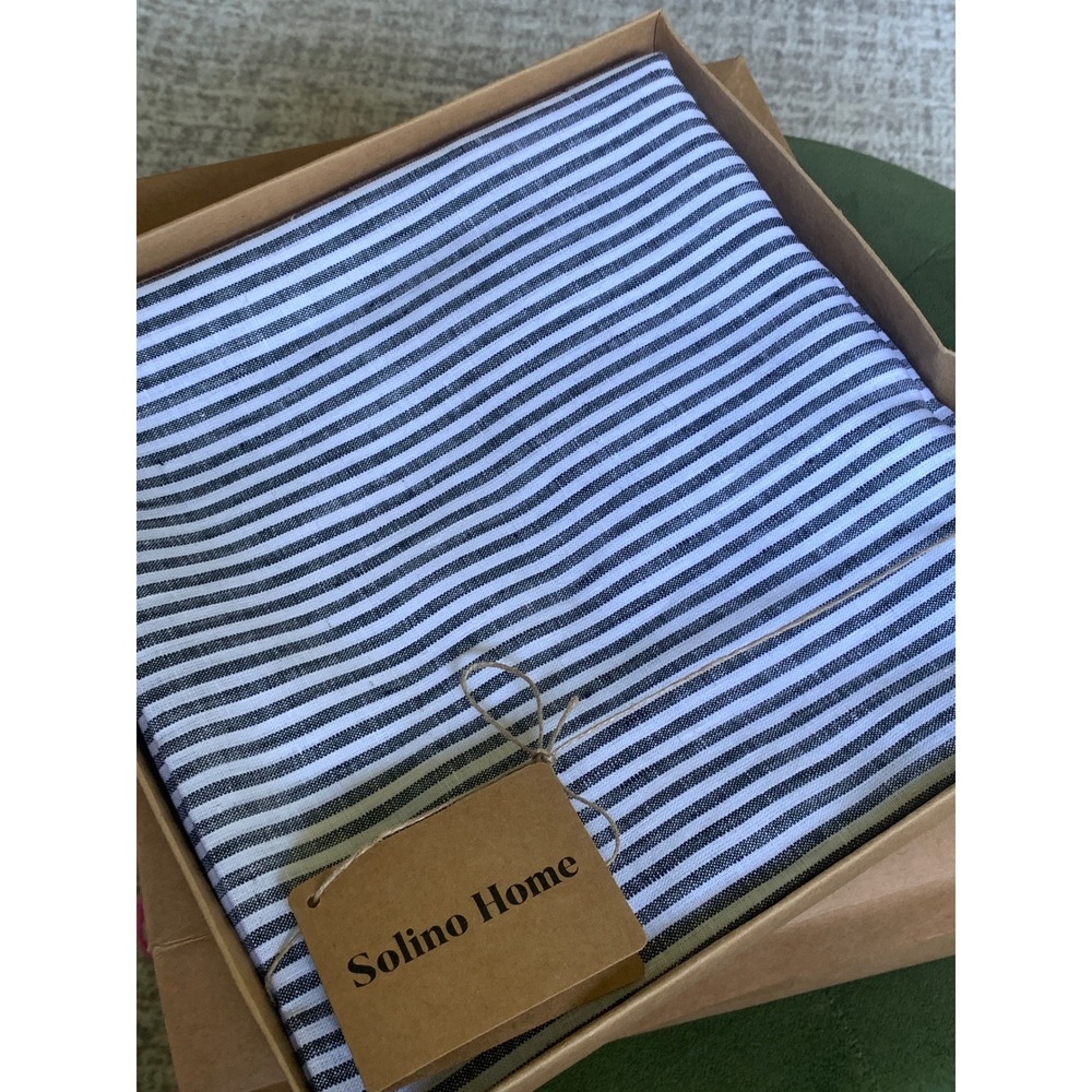 Solino Home 70 Inch Round Tablecloth 100% Linen Black White Narrow Stripe New